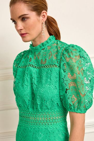 Green Lace Short Sleeve Insert Midi Dress