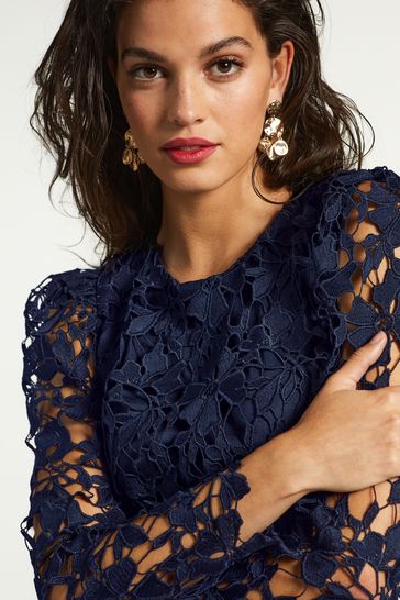 Navy Blue Occasion Lace Long Sleeve Top