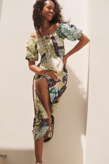 Square collar printed puff sleeve midi dress hot sale