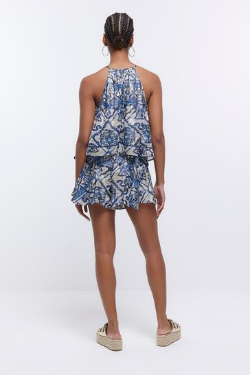 River Island Blue Tile Tiered Playsuit