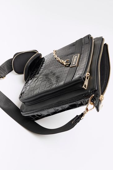 River island black store double pocket messenger bag