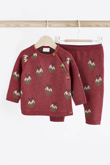 Red Christmas Pudding Baby Knitted Jumper And Leggings Set (0mths-2yrs)
