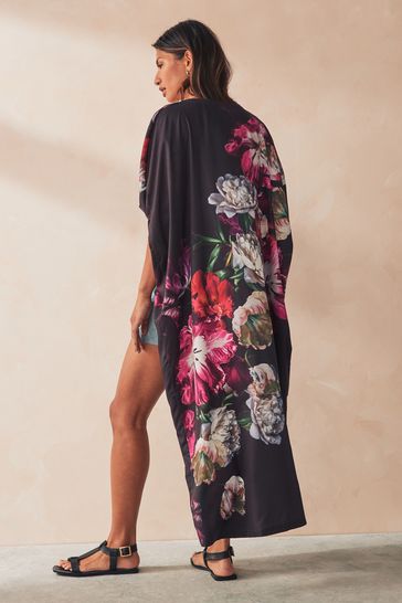 Black Floral Maxi Kimono Cover-Up