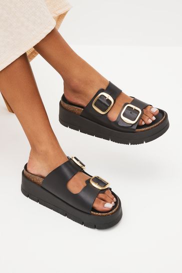 Black Forever Comfort® Leather Double Buckle Flatform Sandals