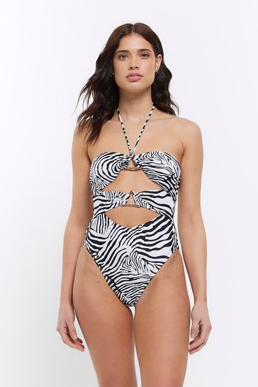 River Island White Animal Bandeau Cut Out Swimsuit