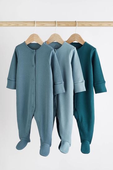 Petrol Blue 3 Pack Cotton Baby Sleepsuits (0-2yrs)