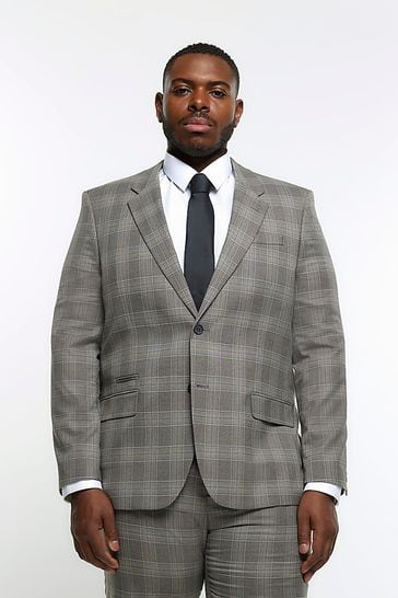 River Island Grey Big & Tall Notch Check Suit: Jacket