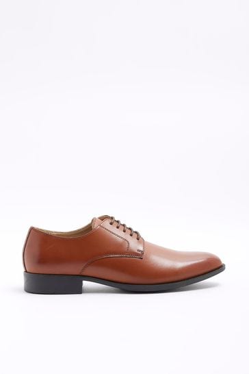 River Island Brown Formal Point Leather Lace-Up Brogue Derby Shoes