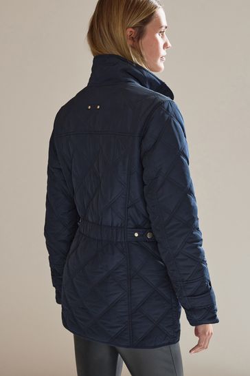 Navy Blue Quilted Jacket With Corduroy Collar