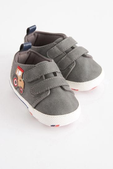 Charcoal Grey Tractor Baby Two Strap Pram Shoes (0-24mths)