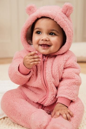 Pink Cosy Fleece Bear Baby Pramsuit 0mths 2yrs