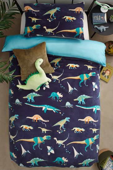 Blue Dinosaur Fleece Duvet Cover and Pillowcase Set
