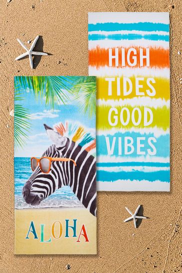 Pack de 2 toallas de playa en natural con diseño de cebra de efecto teñido anudado Vibes Aloha de Catherine Lansfield