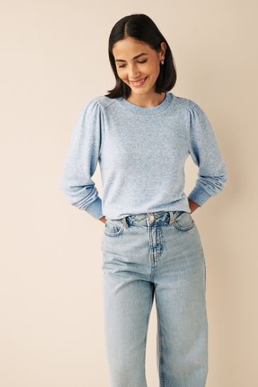 Blue Cosy Lightweight Soft Touch Sleeve Detail Crew Neck Jumper