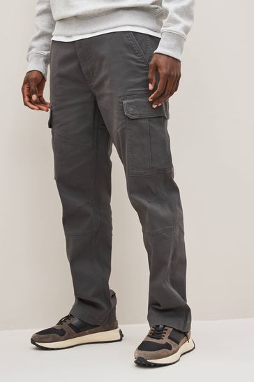 Charcoal Grey Straight Fit Cotton Stretch Cargo Trousers