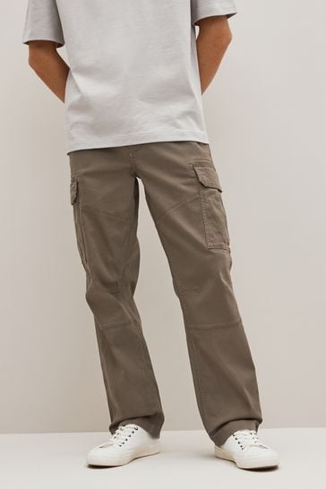 Mushroom Brown Straight Fit Cotton Stretch Cargo Trousers