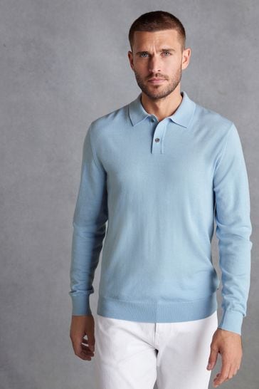 Blue Regular Signature Merino Long Sleeve Polo Shirt
