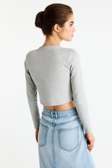 Round Neck Ribbed Long Sleeve Crop Top Grey