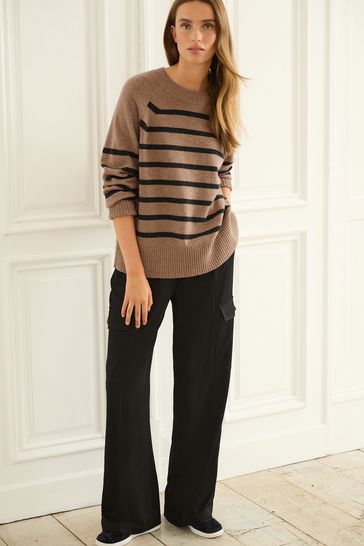 Buy Camel Brown Stripe Premium 100 Lambswool Crew Neck Jumper