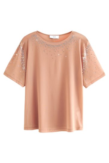 Buy Nude Cream Mesh Short Sleeve Scatter Sparkle Top from Next New Zealand