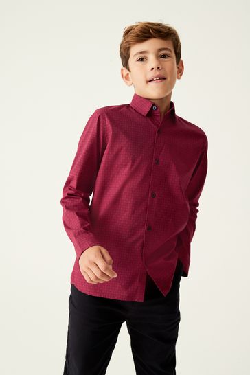 boys red button up shirt