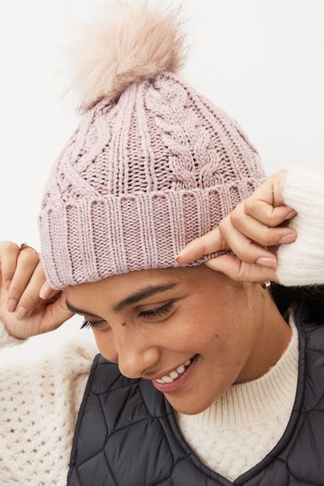 Pink Sparkle Cable Knit Pom Hat