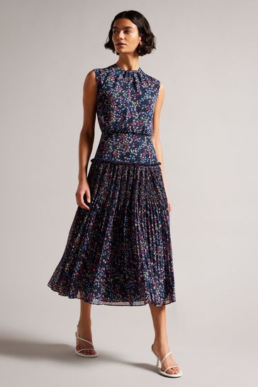 Ted Baker Blue Coraal Dk-Navy Waisted Sleeveless Midi Dress