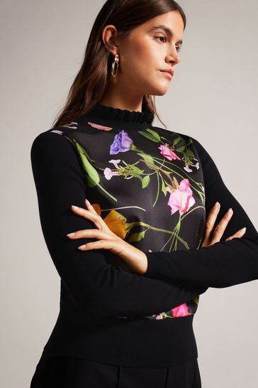 Ted Baker Daneaa Black Woven Front Fluted Neck Sweater