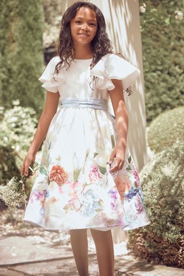Buy Angel Rocket Sylvie White Border Print Ruffle Shoulder Dress