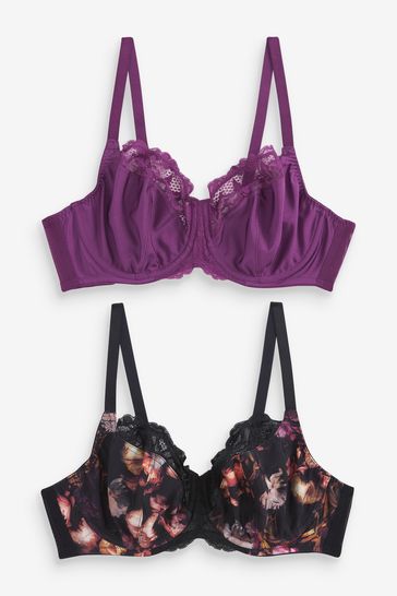 Black Floral Print/Purple DD+ Non Pad Wired Full Cup Microfibre and Lace  Bras 2 Pack