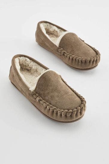 Natural Faux Fur Lined Moccasin Slippers