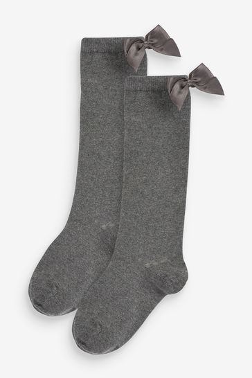 Grey Cotton Rich Bow Knee High School Socks 2 Pack
