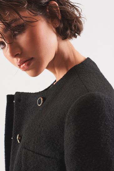 Ladies black collarless coat online