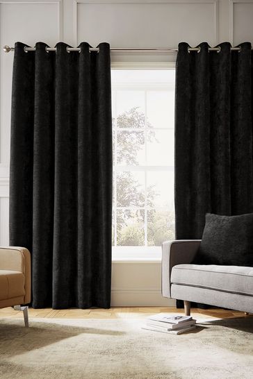 Hyperion Black Selene Luxury Chenille Weighted Thermal Lined Eyelet Curtains