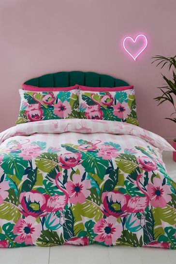 Sassy B Pink Tropical Flamingo Stripe Duvet Cover and Pillowcase Set