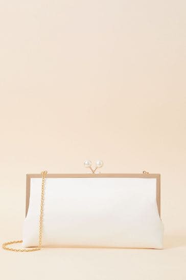 Accessorize Natural Bridal Pearl Clasp Satin Clutch Bag