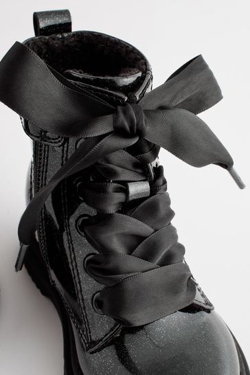 Buy Black Patent Standard Fit F Warm Lined Lace Up Boots from
