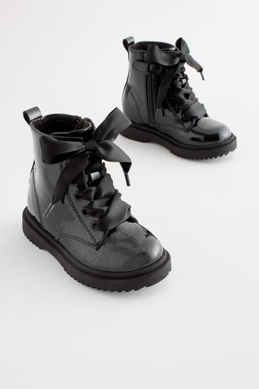 Black Patent Wide Fit (G) Warm Lined Lace-Up Boots