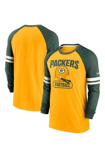 Nike Yellow NFL Fanatics Green Bay Packers Dri-Fit Cotton Long Sleeve Raglan T-Shirt