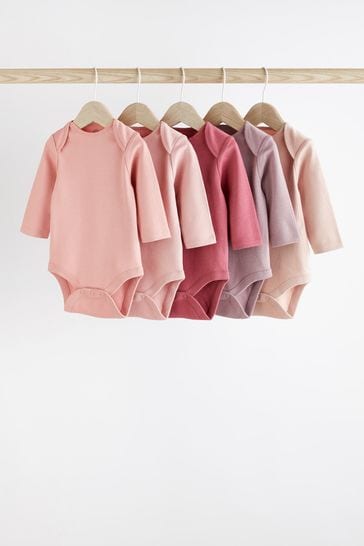 Pink 5 Pack Essential Long Sleeve Baby Bodysuits 5 Pack