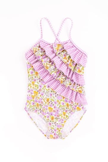 Buy Nicole Miller Lilac Yellow Gingham Floral Frill Swimsuit from