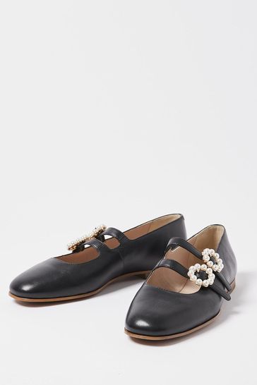 Oliver Bonas Mary Jane Black Pearl Buckle Leather Shoes