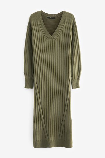 Khaki Green Ribbed V Neck Knit Jumper Dress