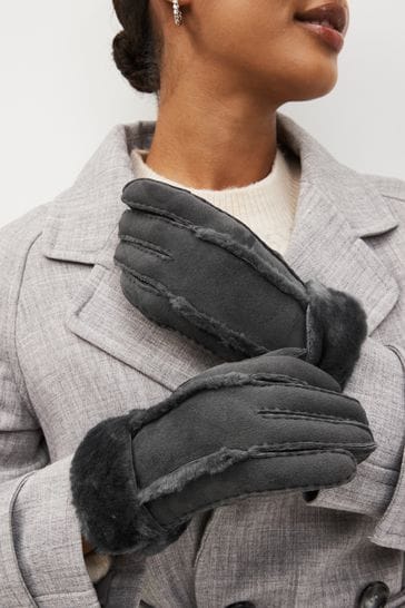 Grey Leather Sheepskin Gloves