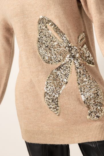 Buy Camel Brown Sequin Bow Christmas Jumper from Next Luxembourg