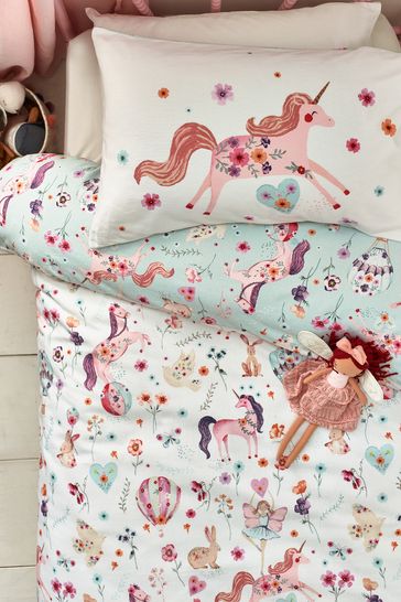 Unicorn Print 100 Brushed Cotton Duvet Cover and Pillowcase Set