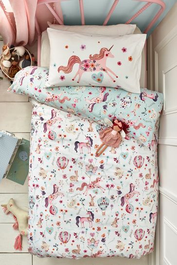 Unicorn Print 100 Brushed Cotton Duvet Cover and Pillowcase Set