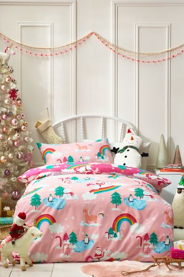 Buy Pink Unicorn Christmas Print Duvet Cover and Pillowcase Set from Next Estonia