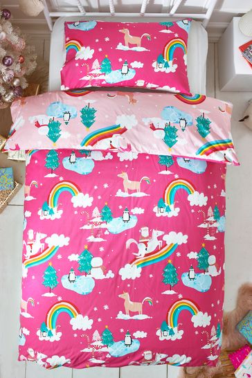 Buy Pink Unicorn Christmas Print Duvet Cover and Pillowcase Set