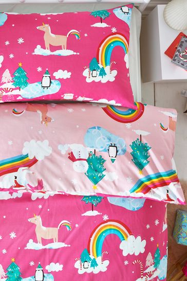 Buy Pink Unicorn Christmas Print Duvet Cover and Pillowcase Set from Next Belgium